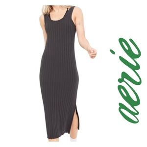 Aerie Offline Black OG Groove Ribbed Midi Dress Size Small Sporty Casual…